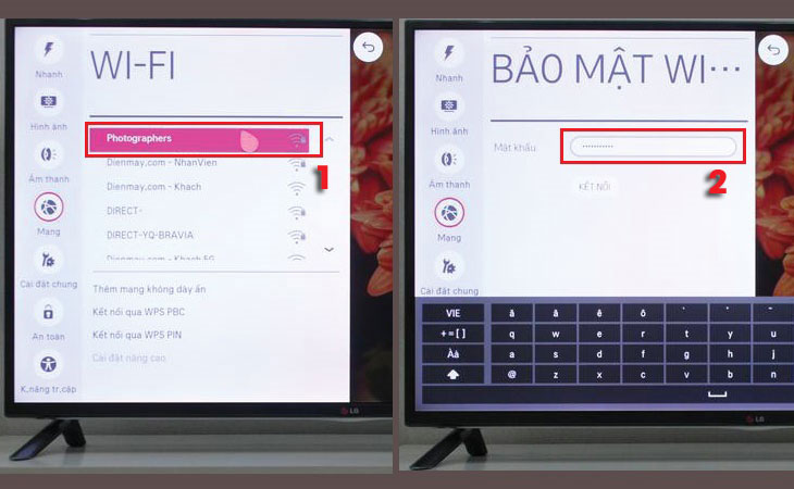 Cách vào mạng trên Smart tivi LG 2014 đơn giản dễ thực hiện > Chọn tên Wi-Fi và nhập vào mật khẩu Wi-Fi (nếu có).