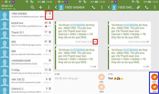 Trong khi ứng dụng nhắn tin mặc định lại hỗ trợ tốt việc hiển thị tổng số tin nhắn và gửi/ nhận từ 2 SIM