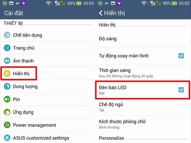 Bật đèn LED thông báo