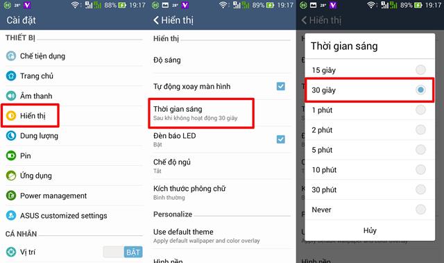 Thời gian sáng màn hình sau khi không hoạt động