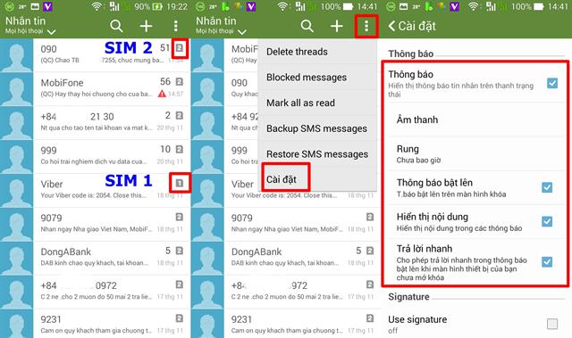 Biểu tượng SIM số mấy thì sẽ tương ứng với tin nhắn gửi đến SIM đó. Cùng Các tùy chọn nhận thông báo tin nhắn đến