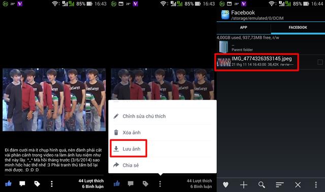 Để xem ảnh được lưu từ Facebook về máy: mở trình quản lý file lên > DCIM > Facebook