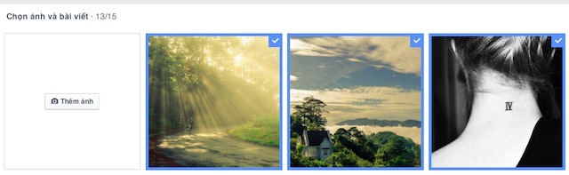 Chọn những hình ảnh và bài viết có liên quan đến hai người (bạn có thể cho Facebook tự chọn từ kho ảnh trên Face hoặc bổ sung thêm hình bằng cách nhấn nút 'Thêm ảnh')