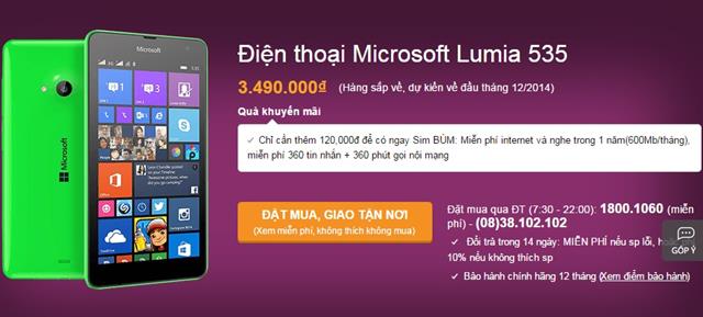 Đặt mua trước Microsoft Lumia 535 tại thegioididong với giá bán hấp dẫn