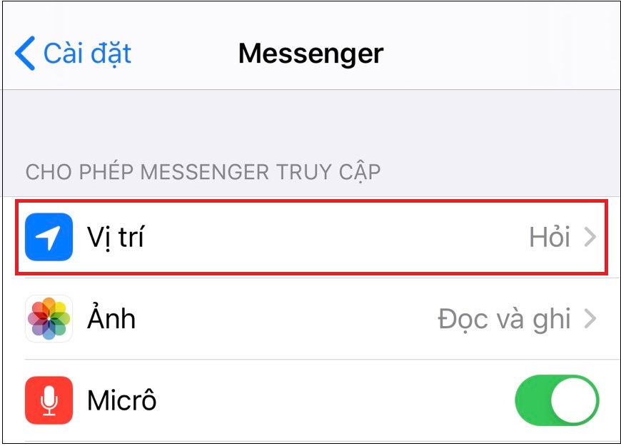 Mách bạn cách bật và tắt tính năng chia sẻ vị trí trên Messenger > Chọn Vị trí.