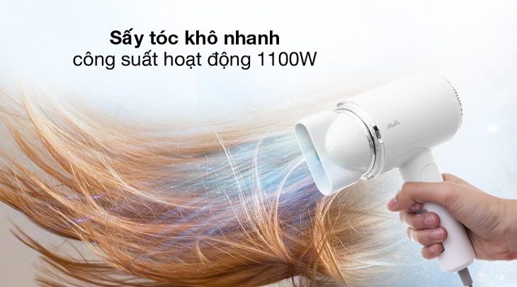 Máy sấy tóc 1100W AVA RCY-7022 có công suất hoạt động 1100W, giúp sấy khô tóc nhanh chóng