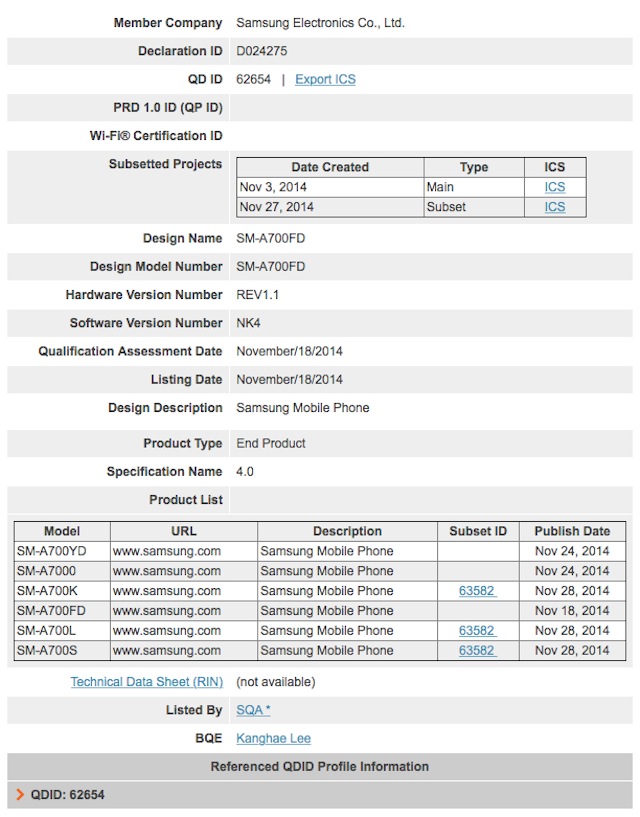 Galaxy A7 được tổ chức Bluetooth quốc tế chứng nhận
