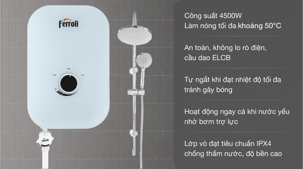 Máy nước nóng trực tiếp là gì? Cấu tạo và đặc điểm của máy nước nóng trực tiếp > Máy nước nóng trực tiếp Ferroli 4500W MIDO-MXP 4.5S