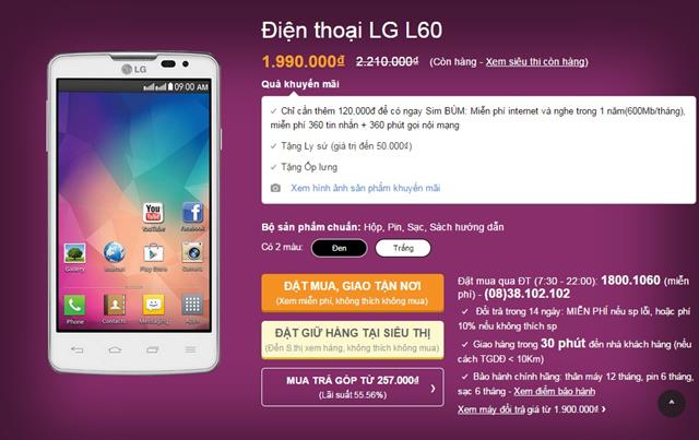 LG L60 giá tham khảo chỉ còn 1.990.000 đồng. Đặt mua tại đây