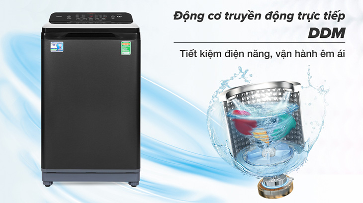 Máy giặt Aqua 10.5 Kg AQW-FR105GT BK trang bị động cơ truyền động lực trực tiếp DDM Inverter tiết kiệm điện, vận hành êm ái