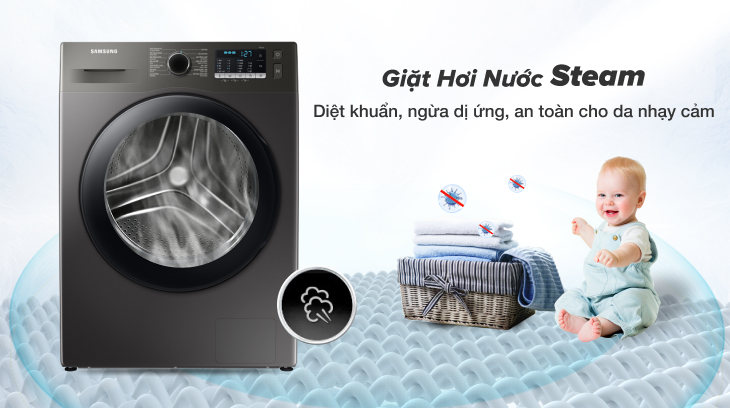 Công nghệ giặt hơi nước STEAM trên máy giặt Samsung Inverter 9.5kg WW95TA046AX/SV giúp diệt khuẩn và giảm thiểu tình trạng nhăn nhúm quần áo