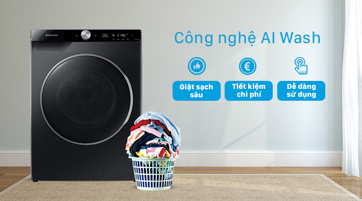 Công nghệ AI Wash trên máy giặt Samsung AI Inverter 9kg WW90TP44DSB/SV có khả năng tự động điều chỉnh nước, bột giặt/nước xả và thời gian giặt giũ hợp lý