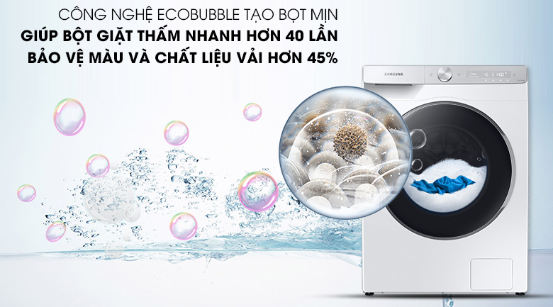 Công nghệ EcoBubble trên Máy giặt Samsung Inverter 10kg WW10TP44DSH/SV tăng cường hiệu quả đánh bay vết bẩn bám trên quần áo