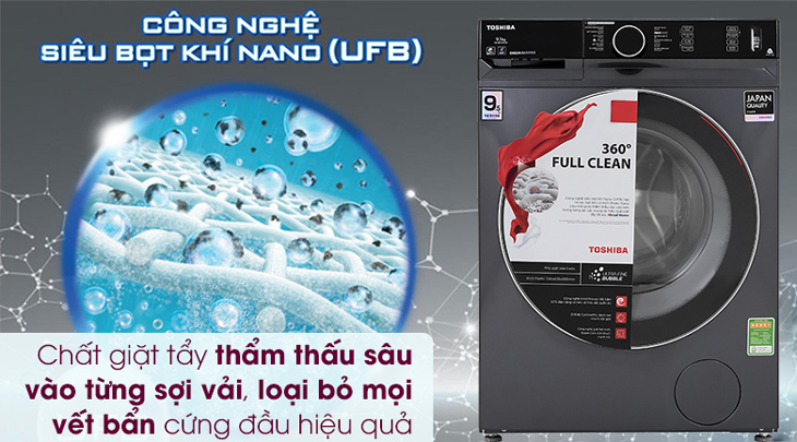Máy giặt Toshiba Inverter 9.5 Kg TW-BK105G4V(MG) được trang bị công nghệ UFB siêu bọt khí Nano.
