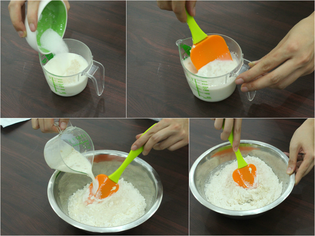 Đầu tiên, cho men nở, đường vào sữa tươi rồi khuấy thật kỹ cho đường tan hết. Để cốc sữa sang bên