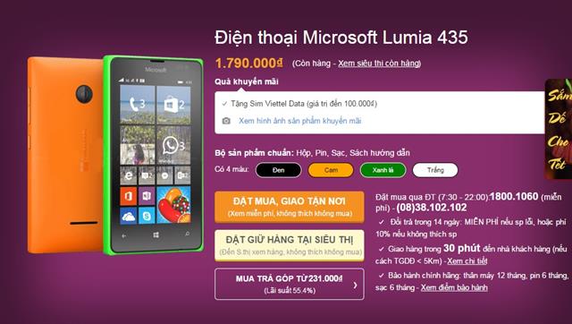 Microsoft Lumia 435 chính thức được bán ra tại thegioididong