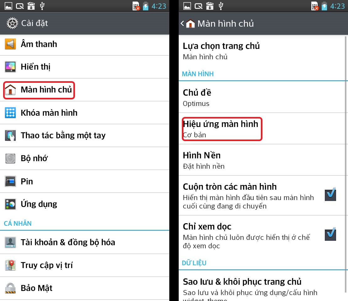 Thủ thuật LG G Pro Lite - Hiệu ứng chuyển trang