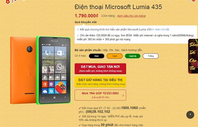 Tham khảo cấu hình chi tiết và đặt mua Microsoft Lumia 435 với giá 1.790.000 đồng tại đây
