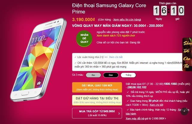 Tham khảo cấu hình chi tiết và đặt mua Samsung Galaxy Core Prime với giá 3.190.000 đồng tại đây