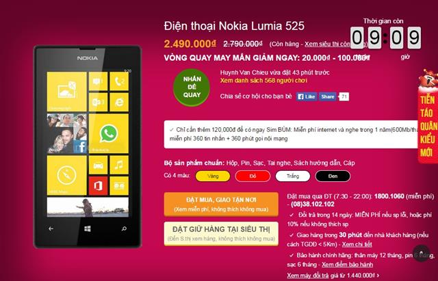 Giá bán của Nokia Lumia 525 chỉ còn 2.490.000 đồng. Đặt mua tại đây