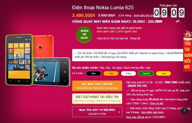 Giá bán của Nokia Lumia 625 chỉ còn 3.490.000 đồng. Đặt mua tại đây