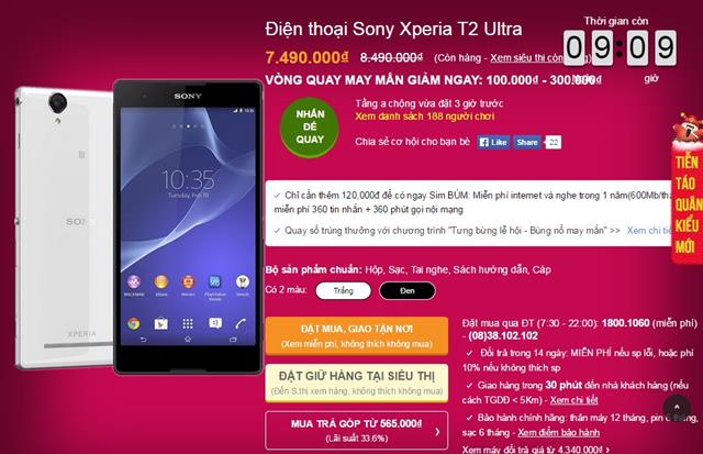 Giá bán của Sony Xperia T2 Ultra chỉ còn 7.490.000 đồng. Đặt mua tại đây