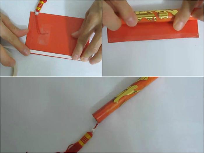 Roll the lucky money envelopes into tubes with attached threads for the remaining 6 envelopes