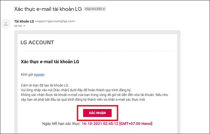Kiểm tra email khi LG gửi cho bạn > Nhấn Xác nhận.