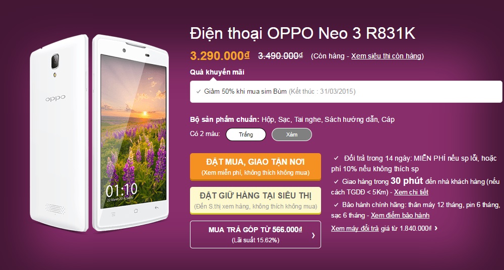 ​Tham khảo cấu hình chi tiết và đặt mua OPPO Neo 3 với giá 3.290.000 đồng tại đây