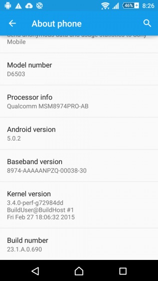 Thông tin bản cập nhật Android 5.0.2 trên Sony D6503