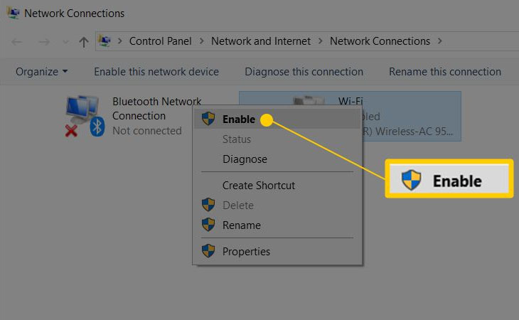 Bạn nhấn chuột phải vào Bluetooth Network Connection (Kết nối mạng Bluetooth), chọn disable để bật hoặc enable để tắt bluetooth.