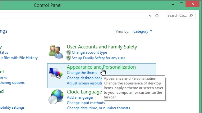 Chọn “Appearance and Personalization”