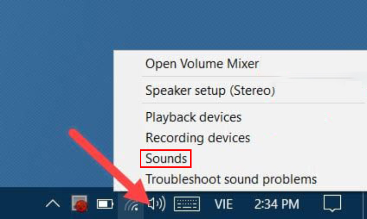 Click chuột phải vào biểu tượng âm thanh ở góc phải dưới màn hình  Chọn Sound