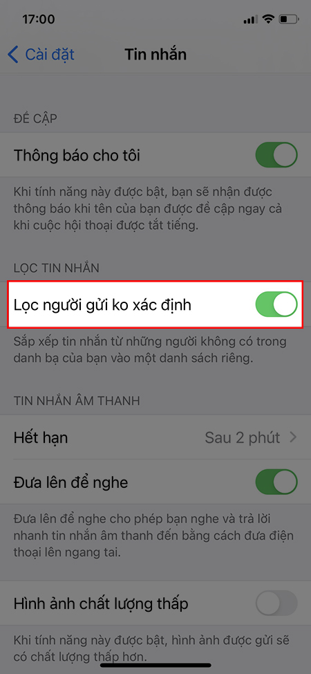 Chọn vào mục Lọc người gửi không xác định