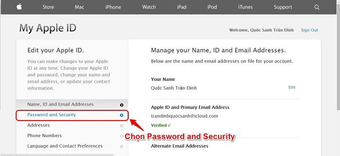 Chọn Password and Security