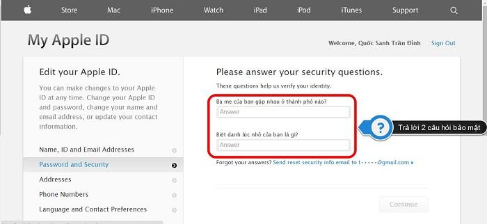 Answer two security questions to continue