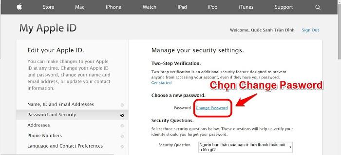 Chọn Change Password