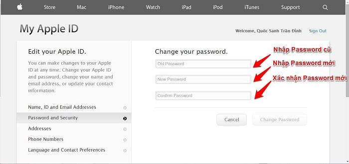 Enter old password and new password