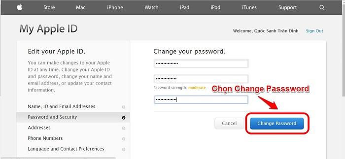 Chọn Change Password