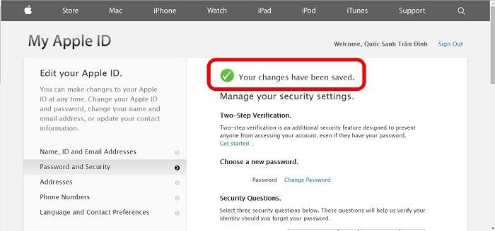 iCloud account password has been changed successfully