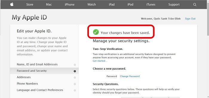 Mật khẩu tài khoản iCloud đã được thay đổi thành công