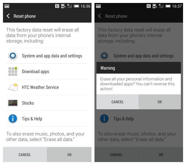 Xác nhận quá trình Reset HTC One M8