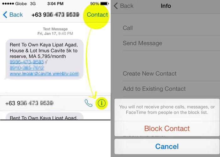 Block advertising messages from the Messages app on the iPhone, select Contact, select info, select Block Contact