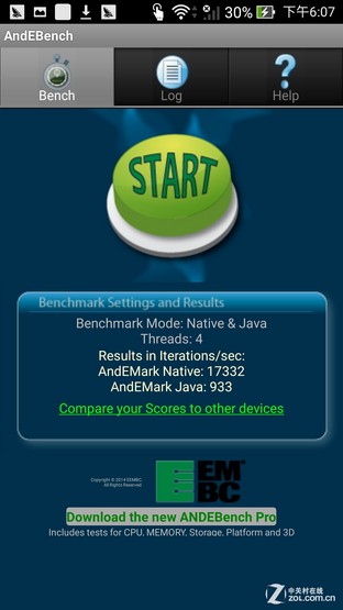 Các thử nghiệm thứ sáu trên AndEBench thì cho ra kết quả 17.332 điểm trên mục AndEMark Native và 933 điểm trên mục AndEMark Java Các thử nghiệm thứ sáu trên AndEBench thì cho ra kết quả 17.332 điểm trên mục AndEMark Native và 933 điểm trên mục AndEMark Java