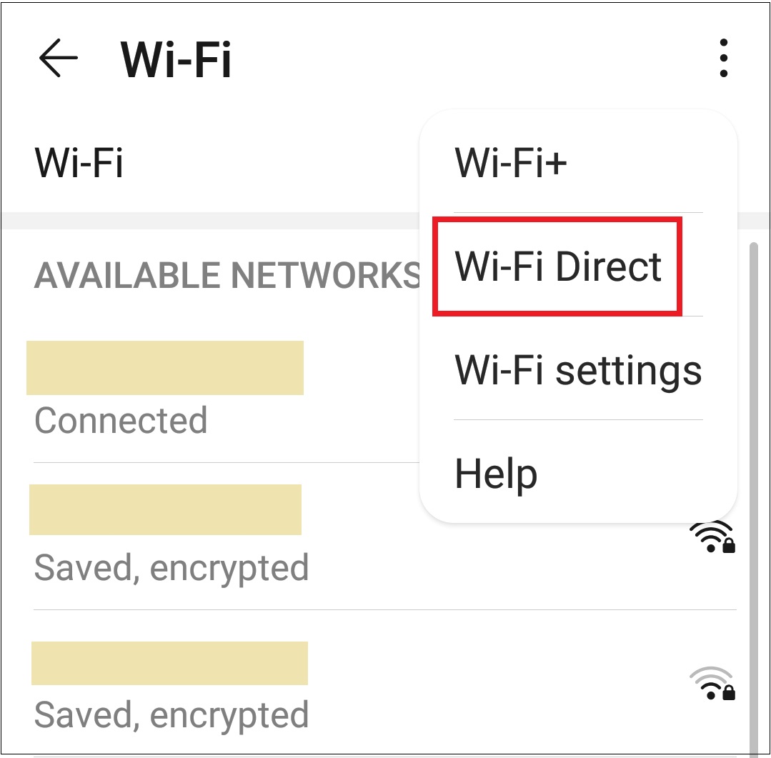 Đầu tiên, bạn vào cài đặt Wifi trên điện thoại và bấm menu để chọn dòng “Wi-Fi Direct”.