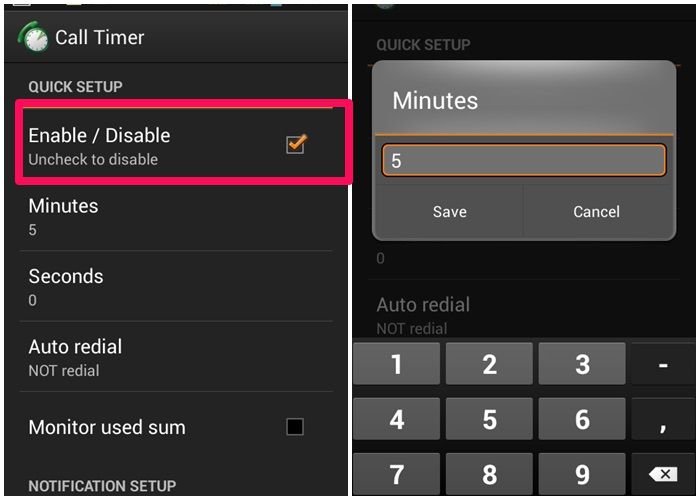 Tiếp đó, bạn mở Call Timer ra, đánh dấu ngay vào mục “Enable/Disable” để khởi động các tính năng của ứng dụng. 2 mục tiếp theo trên cửa sổ này là “Minutes” và “Seconds” cho phép bạn chọn thời gian giới hạn cuộc gọi ví dụ bạn muốn hẹn giờ là 9 phút 30 giây, bạn gõ vào mục “Minutes” là 9, mục “Seconds” là 30.