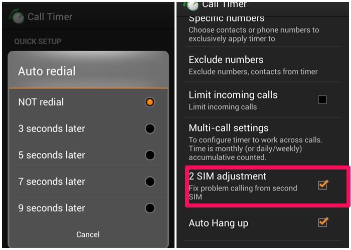 Tiếp theo, nếu bạn muốn điện thoại tự động gọi lại sau khi hết thời gian hẹn thì bạn nhấn vào “Auto redial” ở dưới “Seconds”, lúc này sẽ hiện ra một khung với nhiều lựa chọn về thời gian nghỉ trước khi điện thoại tự động gọi lại, bạn có thể chọn từ 3 đến 9 giây. Đặc biệt, nếu điện thoại bạn dùng 2 sim, bạn nên vào phần “Advanced Setup”, đánh dấu vào mục “2 sim adjustment” để sửa lỗi gọi từ sim 2.