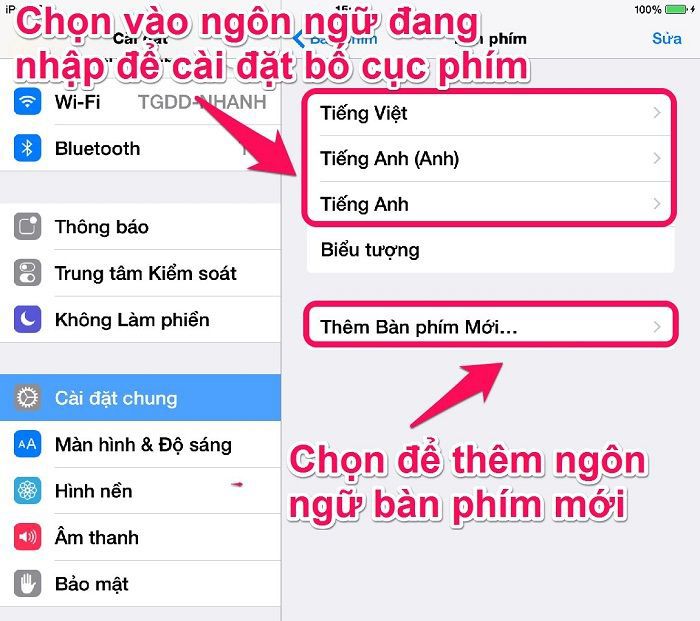 Chọn bố cục phím hoặc thêm bàn phím mới (Add new keyboard) ở tùy chọn Bàn phím