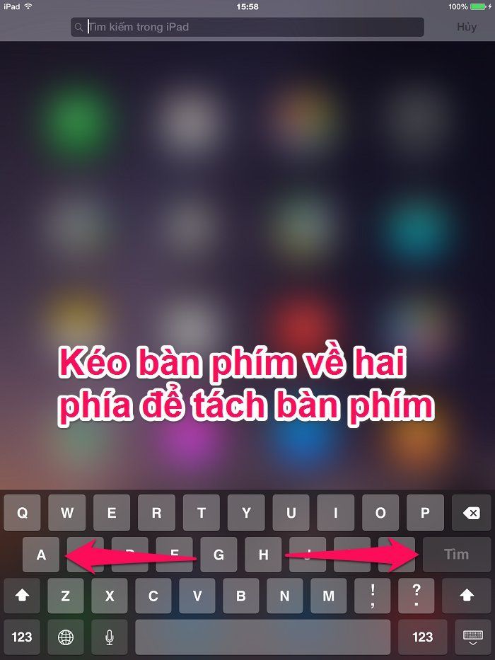 Mẹo hay với bàn phím iPad (phần 1) > Kéo bàn phím về hai phía để tách bàn phím