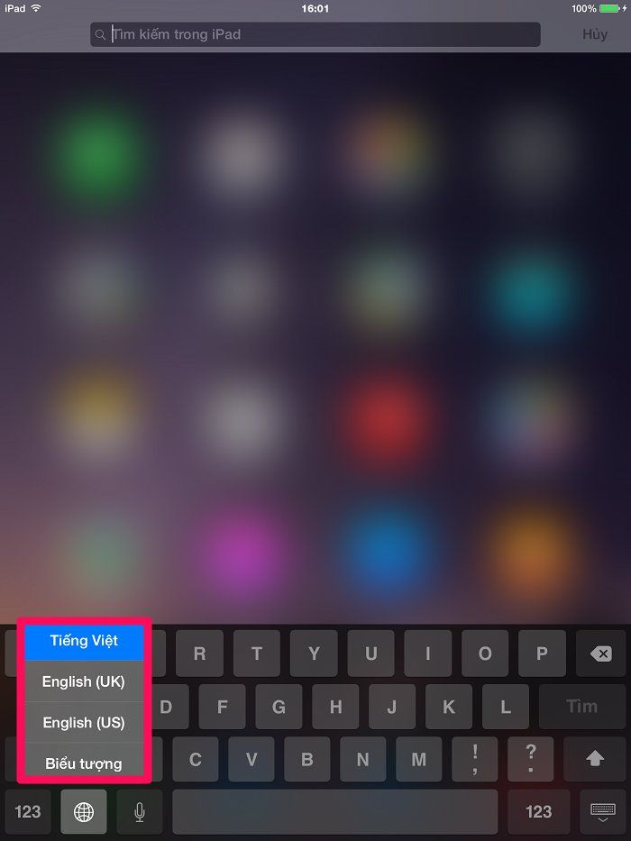 Mẹo hay với bàn phím iPad (phần 1) > Nhấn giữ vào biểu tượng quả địa cầu để hiện Menu chọn bàn phím